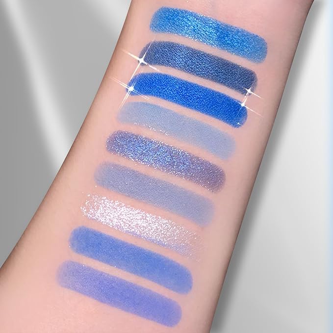 Erinde 9 Colors Dark Light Royal Cobalt Blue Pearl White Glitter Shimmer Eye Shadow Makeup Palette Highly Pigmented Waterproof Matte Glitter Shimmer Daily Party Sparkling Eyeshadow Palett for Girl-Velvo Beauty