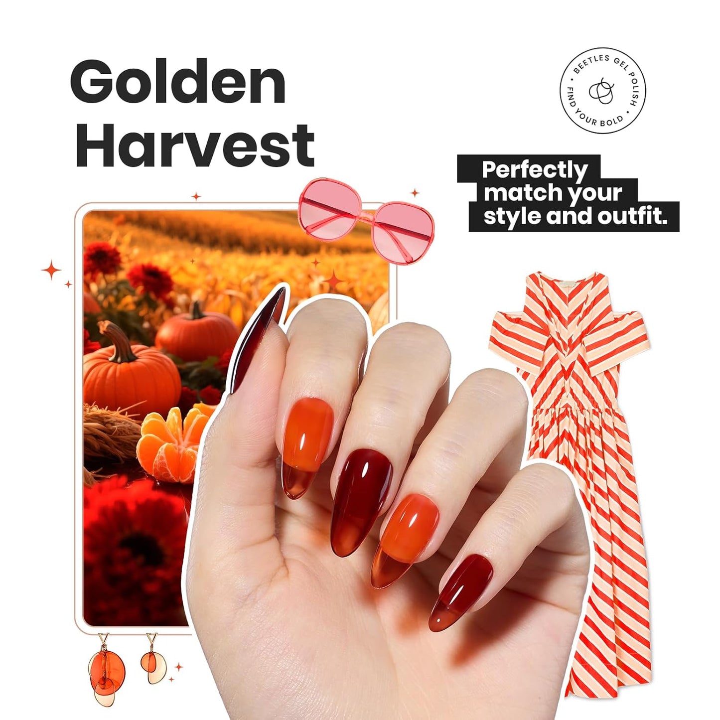 Beetles Fall Nail Polish Set - Golden Harvest 6 Colors Quick Drying Long-Lasting Burgundy Red Orange Jelly Glitter Nail Polish for DIY At-Home Manicure Gift for Women-Velvo Beauty