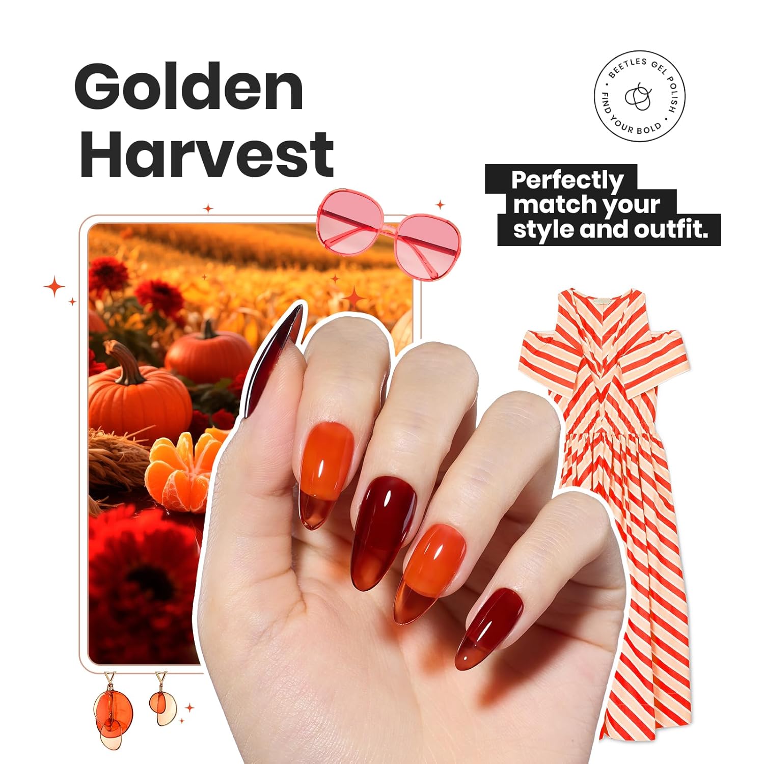 Beetles Fall Nail Polish Set - Golden Harvest 6 Colors Quick Drying Long-Lasting Burgundy Red Orange Jelly Glitter Nail Polish for DIY At-Home Manicure Gift for Women-Velvo Beauty