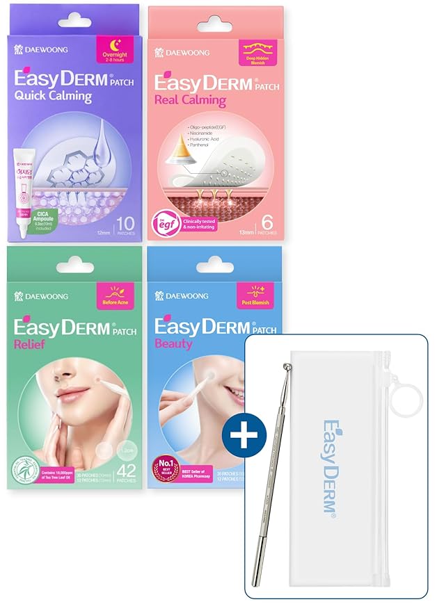 EasyDerm Multi-Step Pimple Patch Set – 4-Type Korean Pimple Patches + Free 2-in-1 Dual-Tip Extractor for Complete Skincare-Velvo Beauty