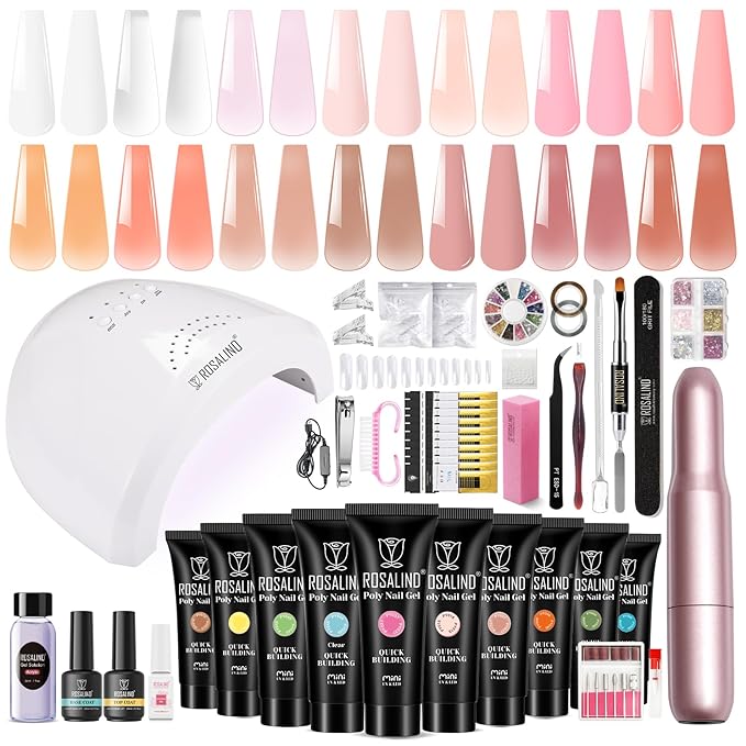 Poly Nail Gel Starter Kit -14 Colors + 75 Nails Art Accessories Kits, ROSALIND Nue Clear Poly Extension Gel with Big UV Light 48W and Electric Nail Drill Starter Kit with Everything-Velvo Beauty