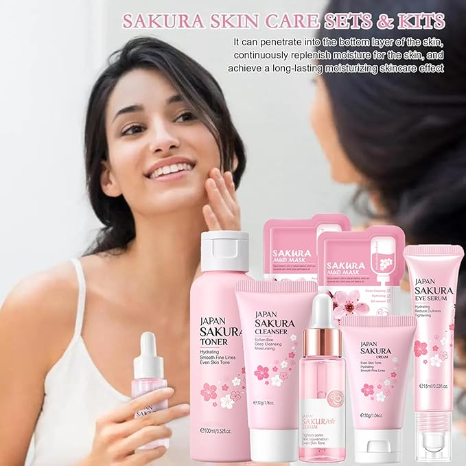 Skin Care Set Sakura Women Beauty Gift Sets Korean Skin Care Kit with Cleanser, Face Serum, Face Cream,Toner,Eye Cream,2Pcs Mud Mask - Skin Care Routine Kit for Women (SetC)-Velvo Beauty