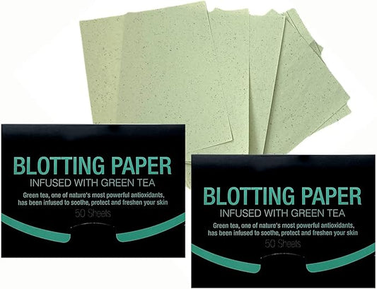 2 Pks GREEN TEA INFUSED Soothing Natural Abaca Blotting Paper - 100 Oil Blotting Sheets - Makeup Friendly UNISEX Oily Skin Shine Blotter Photography Zoom Meetings Travel Gym School - MADE IN TAIWAN-Velvo Beauty