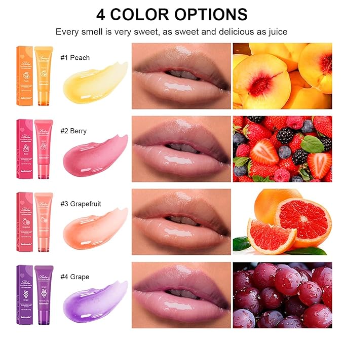 4Pcs Lip Glowy Balm | Lip Sleeping Mask | Plumping Lip Gloss | Tinted Lip Balm (Grape, Peach, Berry, Grapefruit)-Velvo Beauty