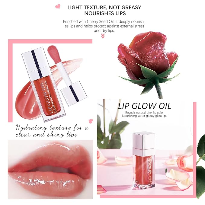 Lip Oil Hydrating Tinted Lip Balm, Plump Lip Gloss Lip Care Transparent Toot Lip Oil Tinted, Glass Lip Glow Oil Fresh Texture & Non-sticky, Nourishing Repairing Lightening Lip Lines Lip Care Products (012# ROSEWOOD)-Velvo Beauty