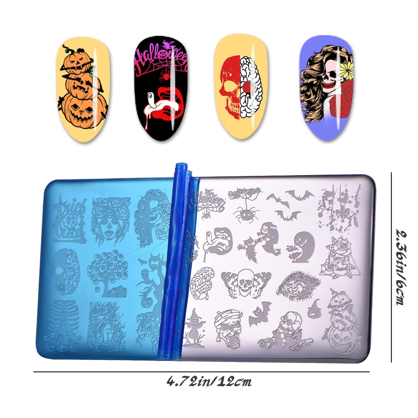 6 Pcs Halloween Nail Stamping Plate Skull Bat Witch Spider Web Halloween Nail Stamper Kit Pumpkin Grimace Blood Design Nail Template Decoration-Velvo Beauty