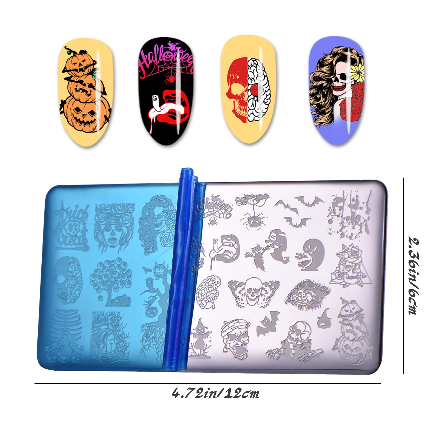 6 Pcs Halloween Nail Stamping Plate Skull Bat Witch Spider Web Halloween Nail Stamper Kit Pumpkin Grimace Blood Design Nail Template Decoration-Velvo Beauty