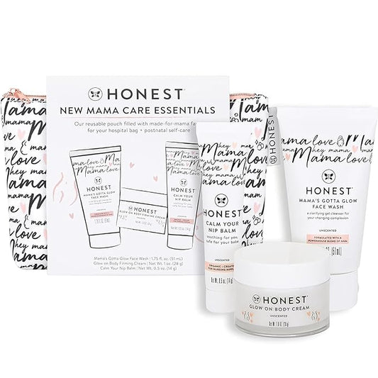 The Honest Company New Mama Care Essentials Gift Set | Hospital Bag Must Haves | Travel Size Nip Balm (0.5 oz), Glow On Body Cream (1 oz), Gotta Glow Face Wash (1.75 fl oz), Reusable Pouch-Velvo Beauty