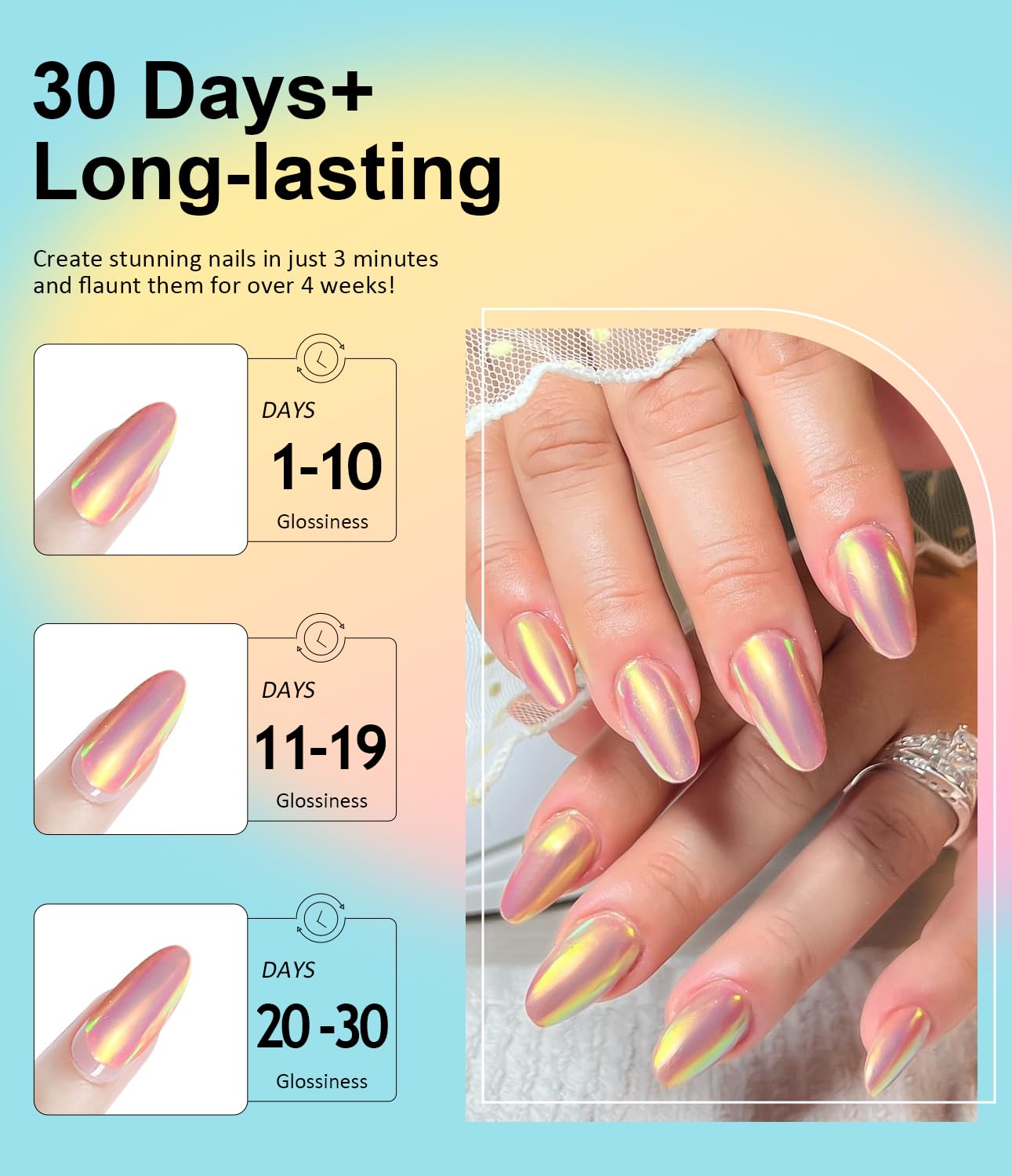 Gold Chrome Nail Powder BISHENGYF -【Metallic Mirror Effect】Pearl Chrome Nail Powder White Aurora Mermaid Iridescent Silver Nail Chrome Powder Metallic Mirror Glitter Pigment Dust For Nail Art DIY-Velvo Beauty