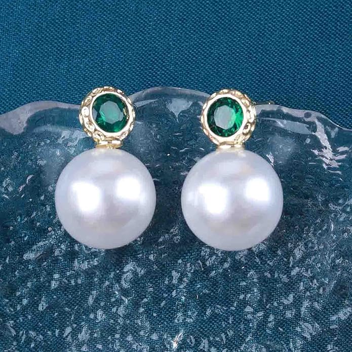 Vintage Emerald Pearl Earrings Gold Pearl Drop Earrings Green Emerald Studs Earrings Rhinestone Pearl Emerald Earrings Jewelry for Women-Velvo Beauty