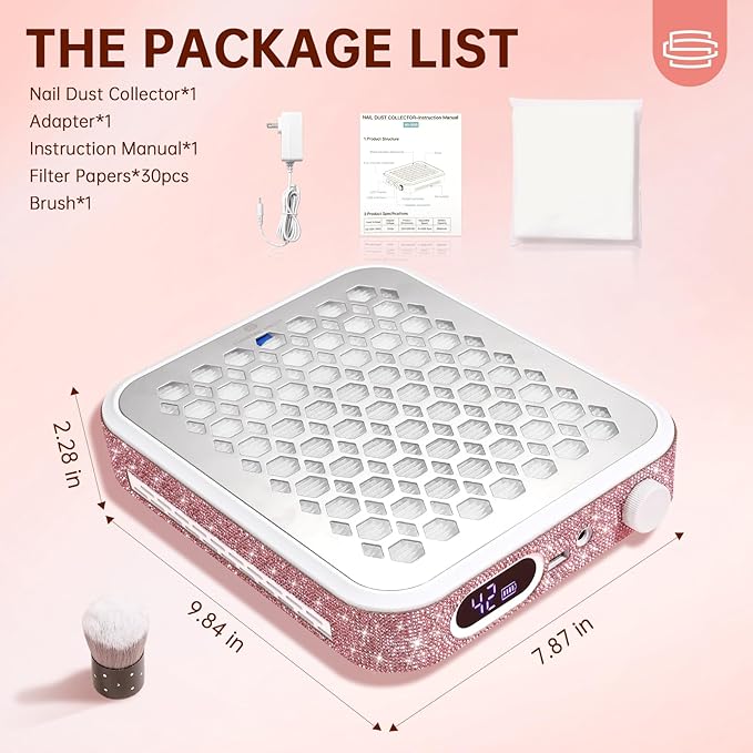 Nail Dust Collector, Rechargeable Dust Collector Nail Tech, Powerful Vacuum Fan Vent Dust Collector Extractor Dust Suction Machine for Acrylic Nails Polishing, Nail Salon&Home, Pink-Velvo Beauty