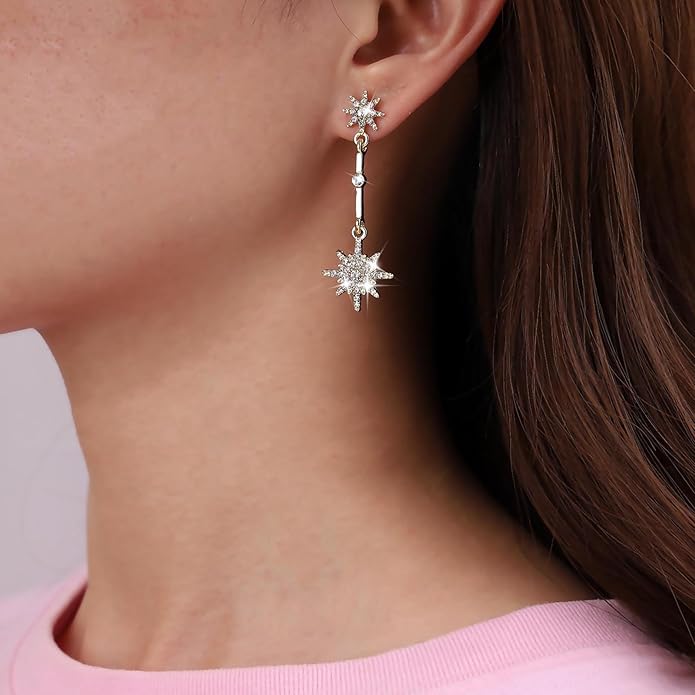 Vintage Crystal Starburst Drop Earrings Long Rhinestone Northstar Earrings Gold Cz Star Dangle Earrings Cz North Star Stud Earrings Jewelry for Women-Velvo Beauty