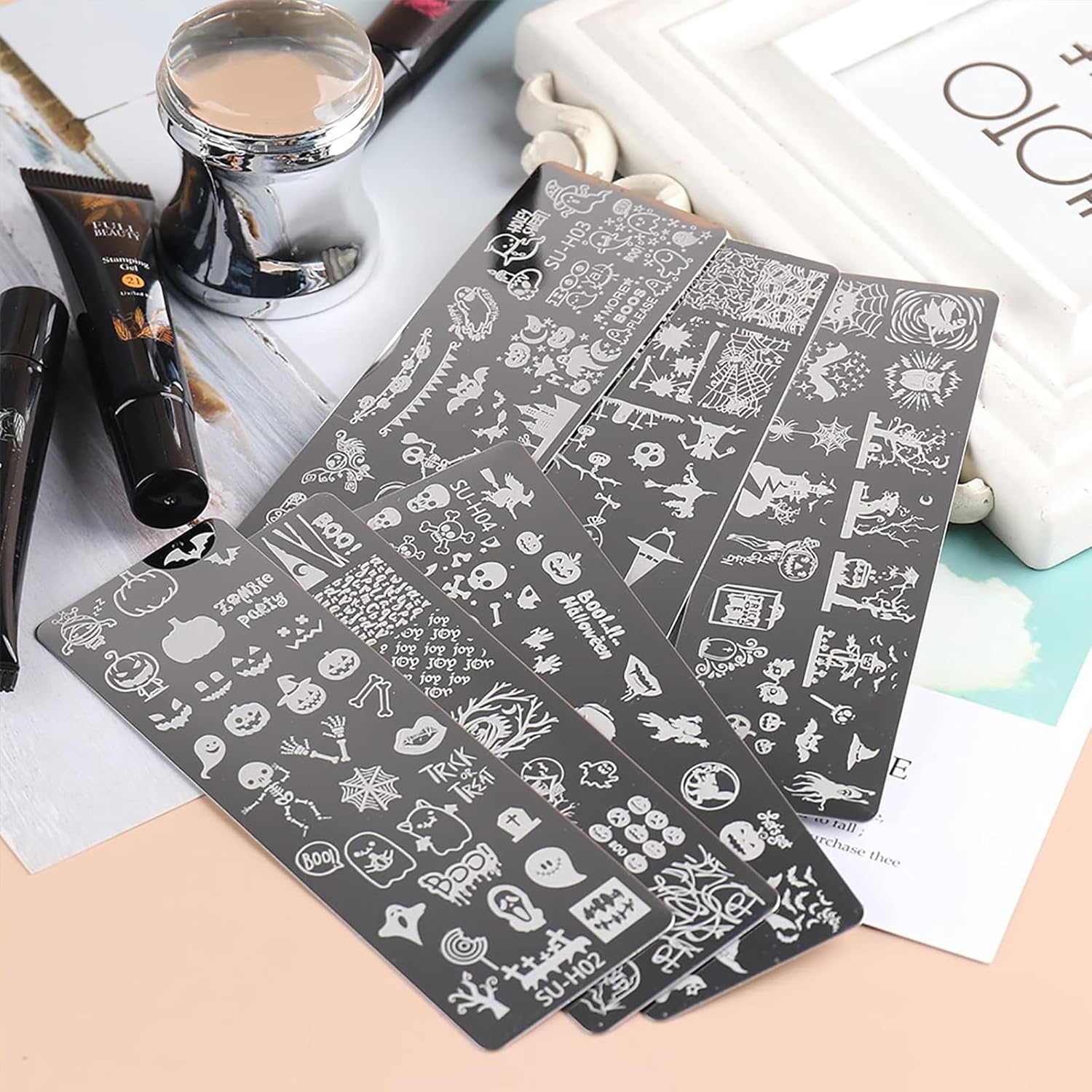 Halloween Nail Stamper Kit 6 Pcs Nail Plates +1 Nail Stamper + 1 Nail Scraper Horror Skull Spider Ghost Bat Nail Art Design Template Nail Stencils Plates Nail Supplies Tools Nail 8pcs Set-Velvo Beauty