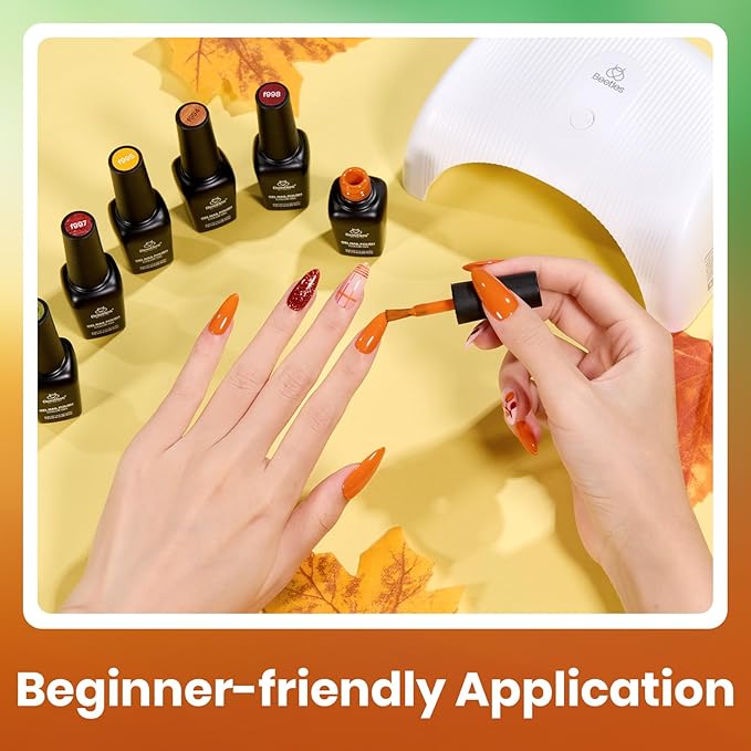 Beetles Fall Gel Nail Polish Set, 6Pcs Yellow Orange Burgundy Red Green Gel Polish Golden Glitter Nails Kit Autumn Realm Collection DIY Nail Art Gifts for Women-Velvo Beauty