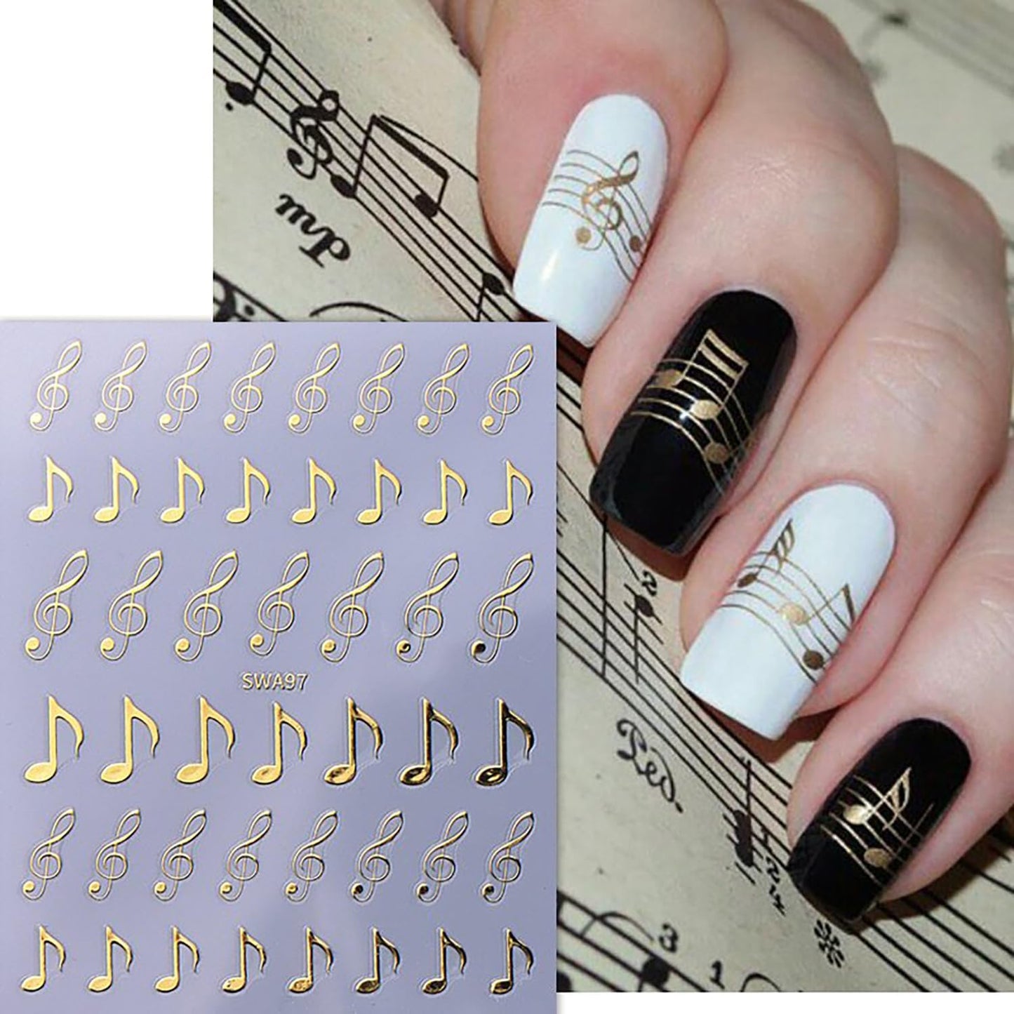 6 Sheets Musical Symbols Nail Art Stickers 3D Self-Adhesive Nails Sticker Music Notation Nails Art Decals Holographic Music Decal Decoration for Women Silver Black Manicure Stickers DIY Nail Supplies-Velvo Beauty