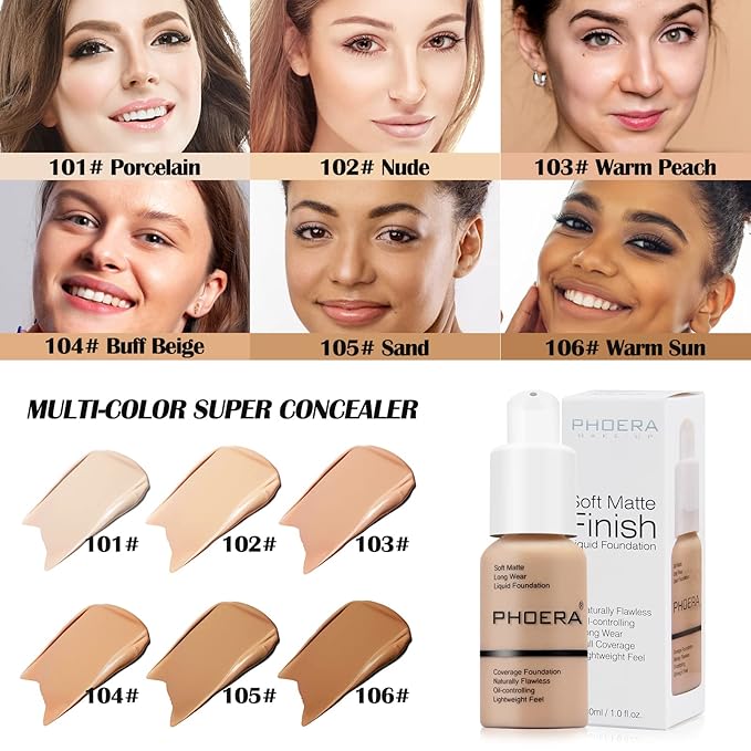 PHOERA Foundation Makeup Naturally Liquid Foundation Full Coverage Mattle Oil-Control Concealer 8 Colors Optional,Great Choice For Gift (#106 Warm Sun,30ml)-Velvo Beauty
