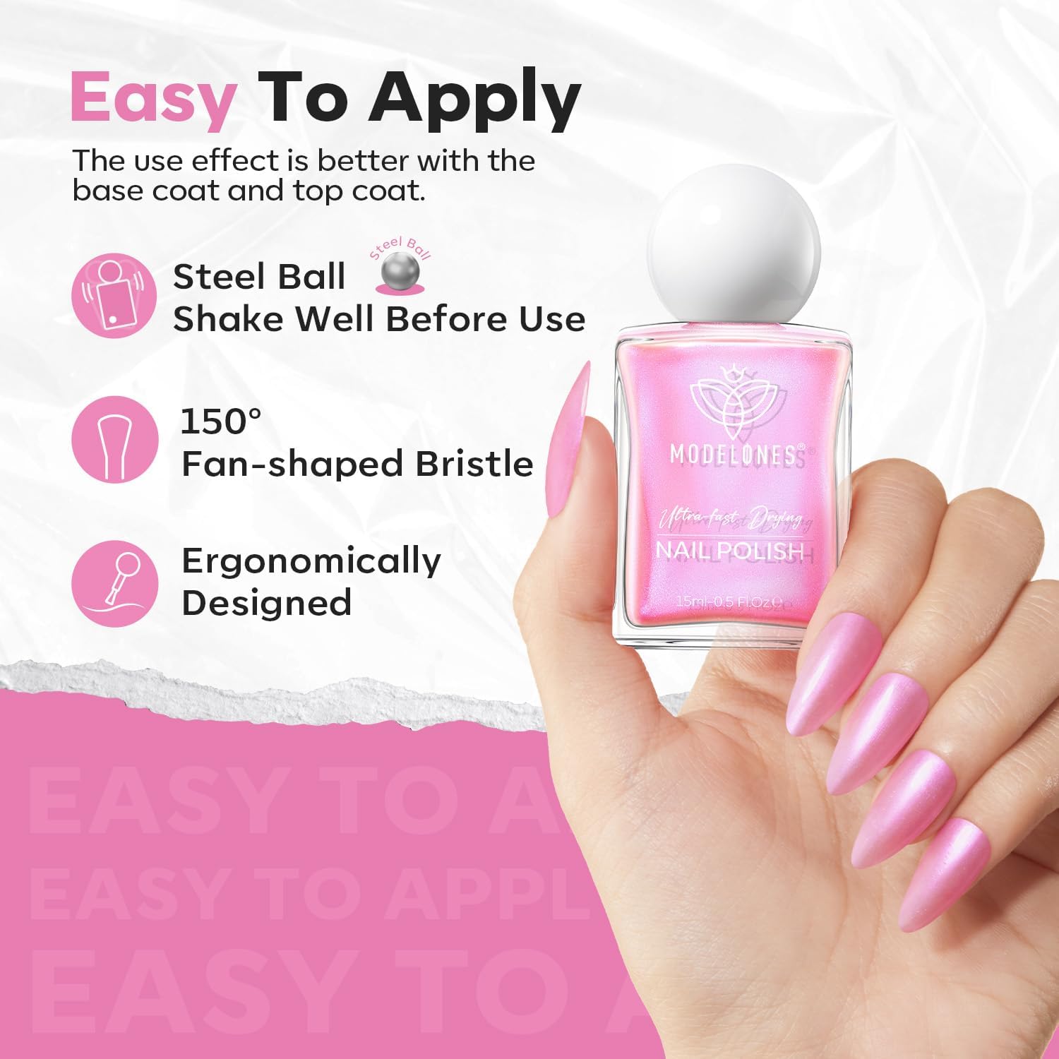 modelones Shine Pink Nail Polish, 15ml Shimmer Pearl Pink Nail Polish Quick Dry Nail Lacquer Strengthener Long Last Shine Fingernail Toe Nail Art DIY Home Travel Manicure Gift for Women Girls-Velvo Beauty