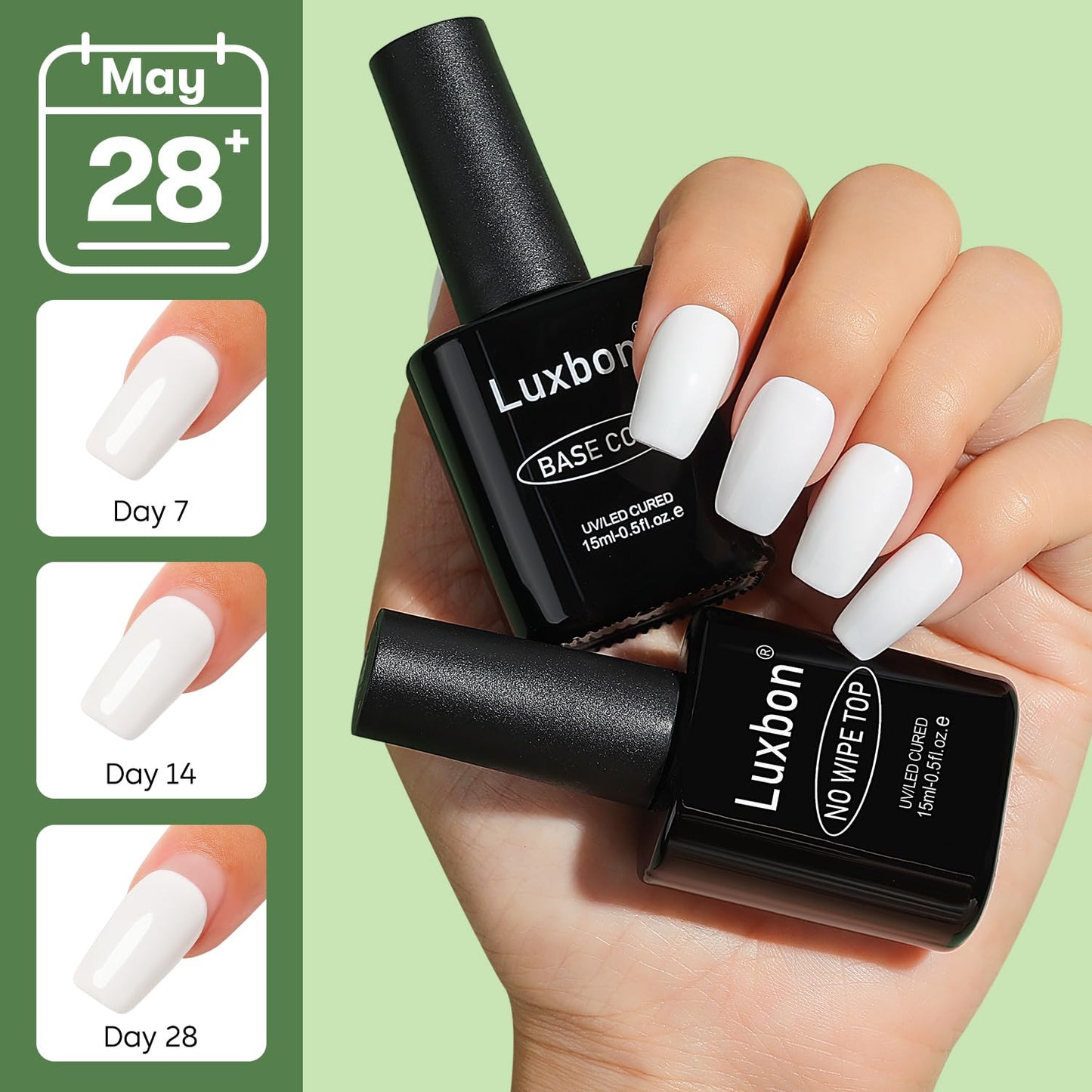Luxbon 2 Pcs 15ml No Wipe Gel Top Coat and Base Coat Set - Long Lasting, Shine Finish, UV LED Nail Lamp Soak Off Gel Base Top Coat Manicure-Velvo Beauty