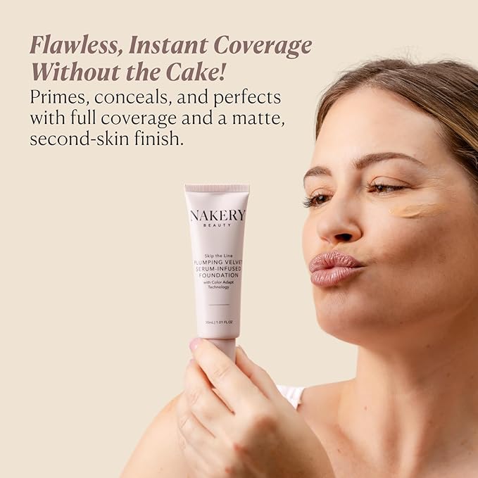 Nakery Full Coverage Foundation for Women - 5 in 1 Plumping Liquid Foundation Makeup - Serum Infused Makeup Foundation Smart Color Adapt with Niacinamide & Hyaluronic Acid for All Skin Types - Light-Velvo Beauty