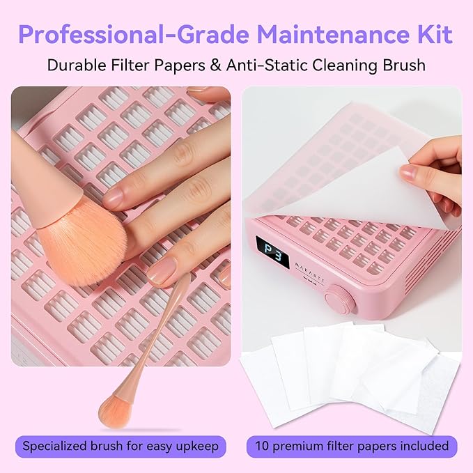 Makartt Professional Nail Dust Collector – Powerful Dust Collector Nail Tech Quite Suction Machine for Acrylic Nails Manicure & Pedicure Salon & Home Use Includes 10pcs Filters & Dust Brush Pink-Velvo Beauty