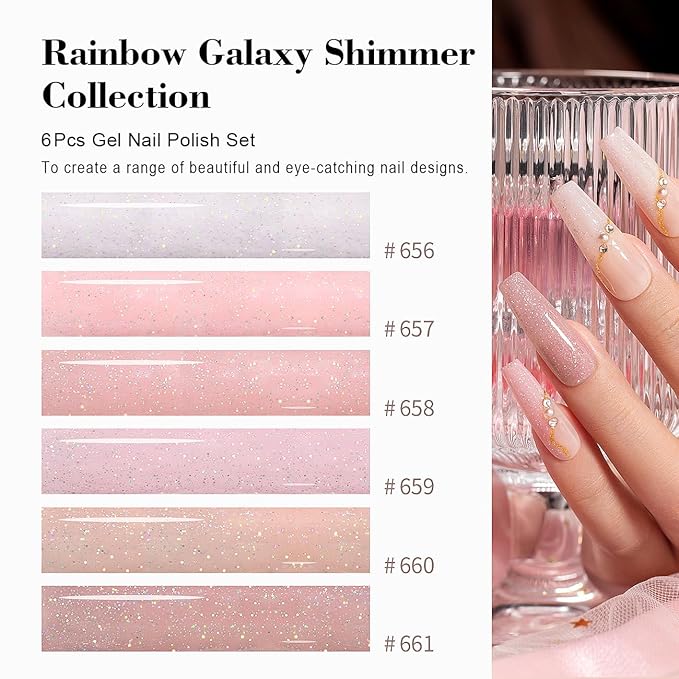 RARJSM Nude Glitter Gel Nail Polish 6pcs Set Sparkly Rainbow Shimmery Nail Gel Polish Iridescent Pigment Jelly Sheer Gray Pink Milky Peach Purple Translucent Natural Skin Tone Color 7.5ml Soak off-Velvo Beauty