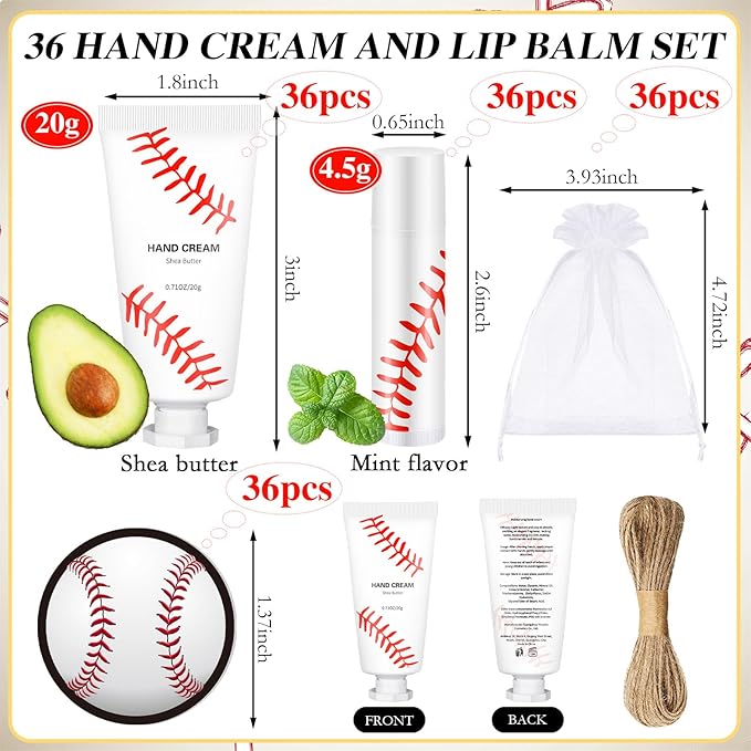 144 Pcs Baseball Lip Balm Hand Cream Set Baseball Party Supply, Include 36 Baseball Lip Balm 36 Moisturizing Hand Cream 36 Baseball Bag 36 Baseball Card and Rope for Baseball Accessories Gifts-Velvo Beauty