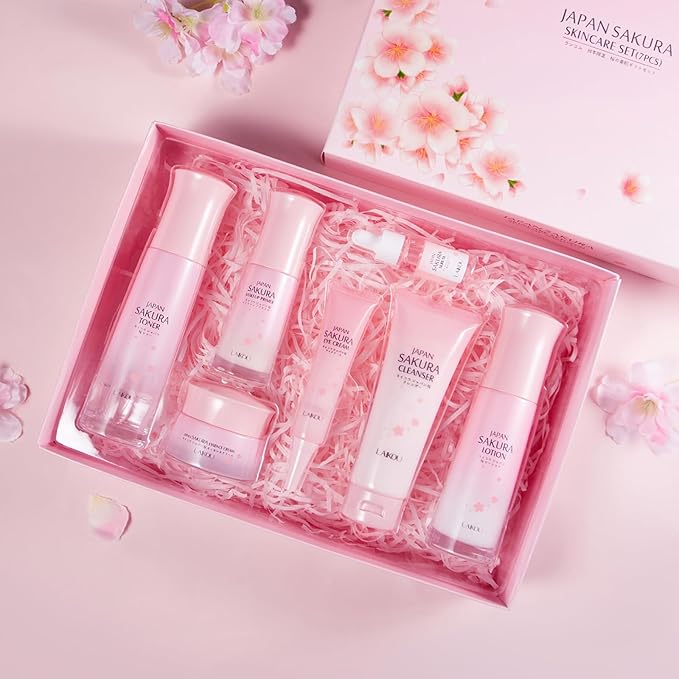 Skin Care Set JAPAN SAKURA Beauty Gift Sets Skin Care Kit with Cleanser, Toner, Lotion, Serum, Eye Cream, Face Cream, Make up Primer Travel Kit for Women Wife Mom 7pcs-Velvo Beauty
