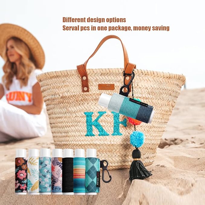 3PCS Lip Balm Holder Sleeves Chapstick Holder Keychain Lip Gloss Holder Keychain Elastic Sleeves (Black/light blue strip/dark blue strip)-Velvo Beauty