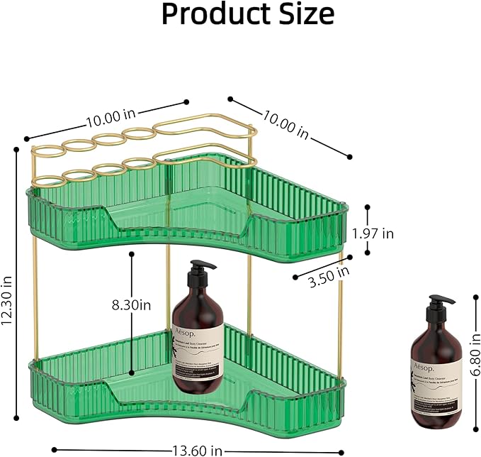 2 Tier Corner Bathroom Organizer Countertop, Vanity Makeup Organizer with Brush Holder, Space-Saving Skincare Storage Corner Shelf for Bathroom, Dressing Table, Kitchen-Velvo Beauty