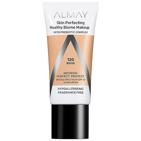 Almay Skin Perfecting Healthy Biome Foundation Makeup with Prebiotic Complex SPF 25, Hypoallergenic, -Fragrance Free, 120 Beige, 1 fl. oz.-Velvo Beauty