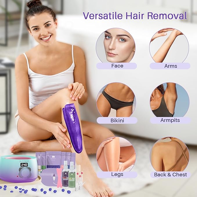 BLITZWAX Brazilian and Bikini Waxing Kit for Women, Hard Wax Warmer for Face, Legs, and Body, At Home Hair Removal Kit, Beginner Friendly, Quick Heating, 32pcs Wax Spatulas-Velvo Beauty