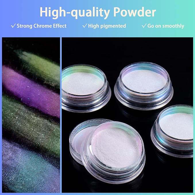 Allstarry White Chrome Nail Powder, 4 PCS Color-Shift Chameleon Mica Powder Aurora Chrome Effect Glitter Dust Iridescent Pearlescent Pearl Pigment for Gel Polish Nail Art Decoration, Resin Craft-Velvo Beauty