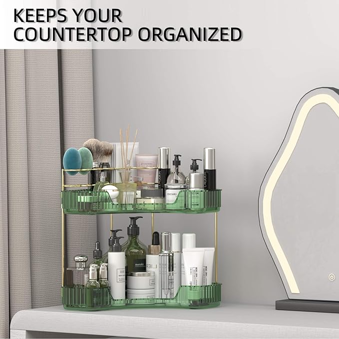 2 Tier Corner Bathroom Organizer Countertop, Vanity Makeup Organizer with Brush Holder, Space-Saving Skincare Storage Corner Shelf for Bathroom, Dressing Table, Kitchen-Velvo Beauty