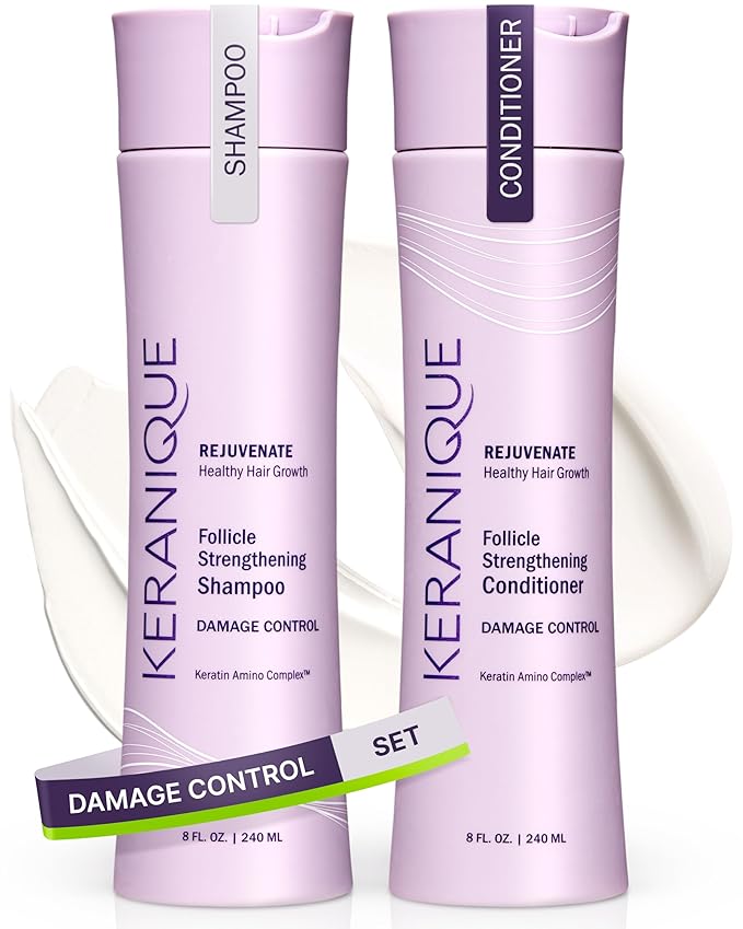 Keranique Shampoo and Conditioner for Damaged Hair - Anti-Breakage, Damage Control Set for Thinning Hair - Intense Repair, Deep Conditioning, Anti-Hairfall Routine w/Keratin - Great for Colored Hair-Velvo Beauty
