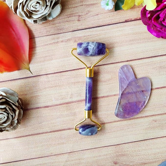 Amethyst Massage Roller and Gua sha Set | Reduces Wrinkles, Fine lines and Dark Circles | Pink Jade Roller | Anti-aging Massager for Skin Toning and Tightening for Face, Eyes, Neck-Velvo Beauty