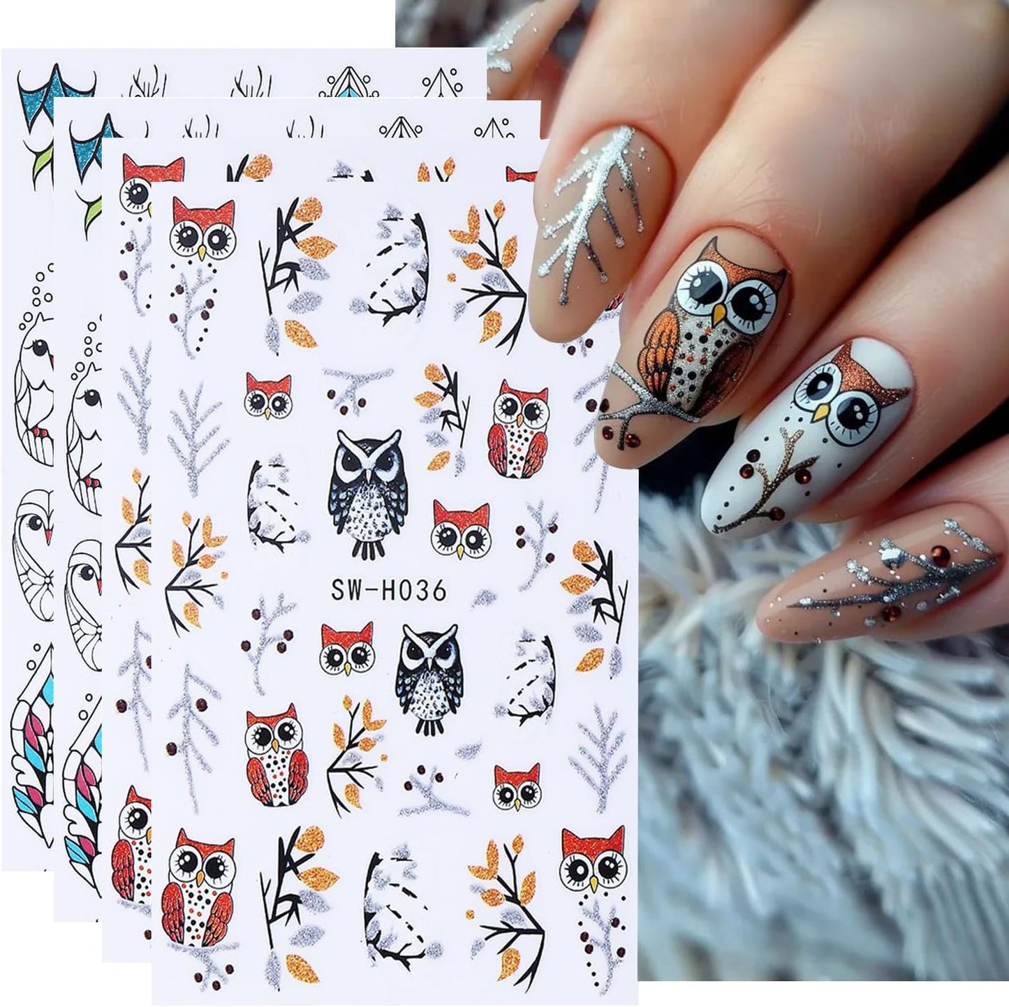 4pcs Christmas Nails Stickers Silver Glitter Leaves Line Owl Nail Art Design 3D Self-Adhesive Nail Decals Xmas Nail Sticker DIY Autumn Winter Manicure Art Supplies Decoration Accessories-Velvo Beauty