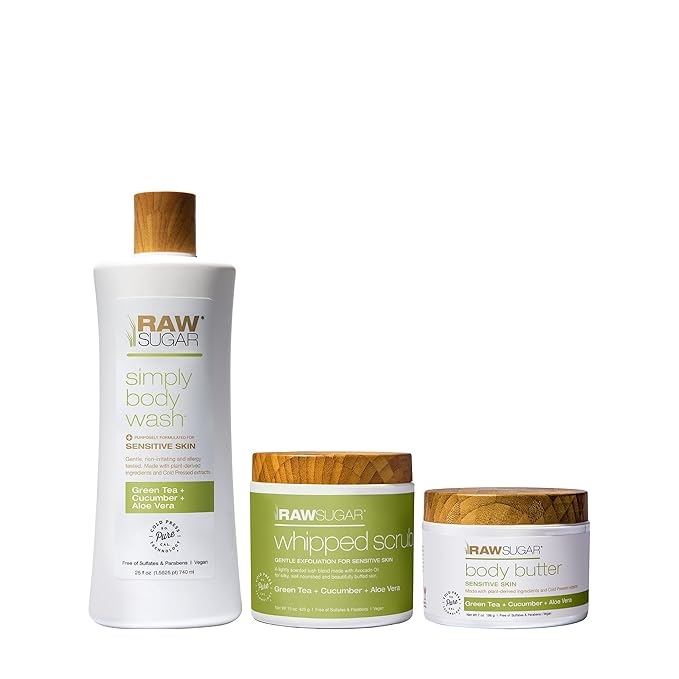 Raw Sugar Green Tea + Cucumber + Aloe Vera Body Love Bundle - Sensitive Skin Body Wash, Body Scrub & Body Butter, Clean Ingredients, Formulated without Sulfates and Parabens-Velvo Beauty