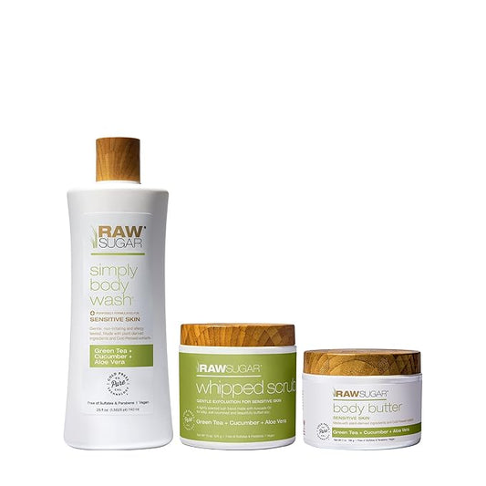 Raw Sugar Green Tea + Cucumber + Aloe Vera Body Love Bundle - Sensitive Skin Body Wash, Body Scrub & Body Butter, Clean Ingredients, Formulated without Sulfates and Parabens-Velvo Beauty