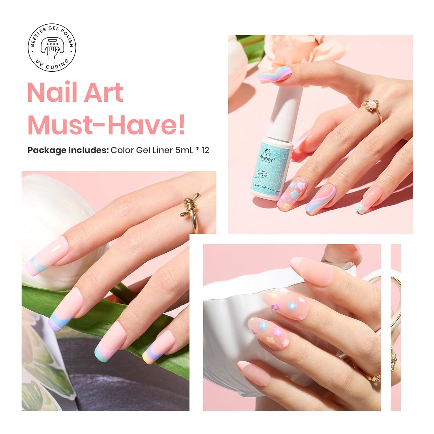 beetles Pink 12 Colors Nail Art Gel Liner, Summer Blue White Glitter Gel Nail Polish Painted Soak Off Uv Lamp Art Nails Red Yellow for Thin French Line Nails Manicure Gift for Women-Velvo Beauty