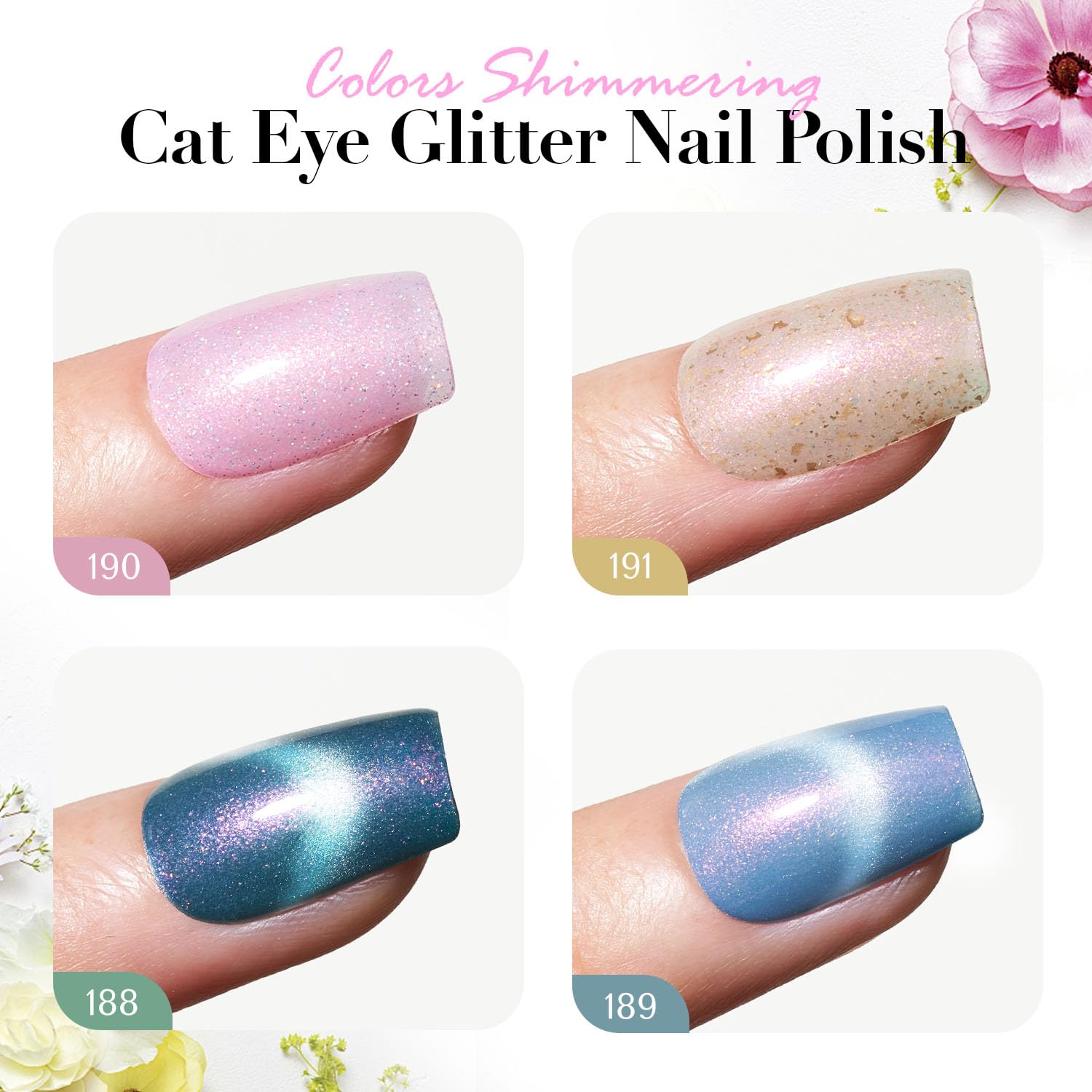AZUREBEAUTY Magnetic Cat Eye Nail Polish Set – 2 Cat Eye & 2 Glitter Colors with Top Coat, Chrome Shimmer Gel Effect, Quick Dry Long Lasting DIY Nail Kit for Salon Home-Velvo Beauty