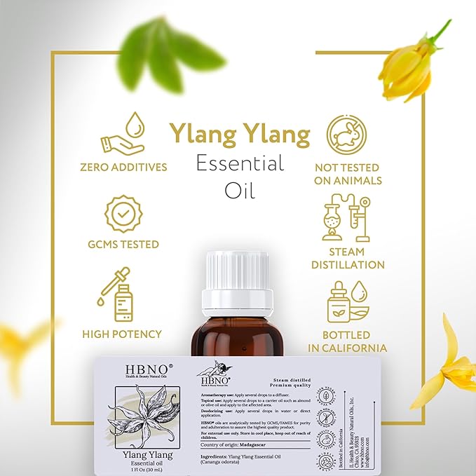 HBNO Ylang Ylang Essential Oil - 1 OZ (30 ml) Travel Size - Perfect for Aromatherapy, DIY, Candle Making, Soap Making, Diffusers-Velvo Beauty