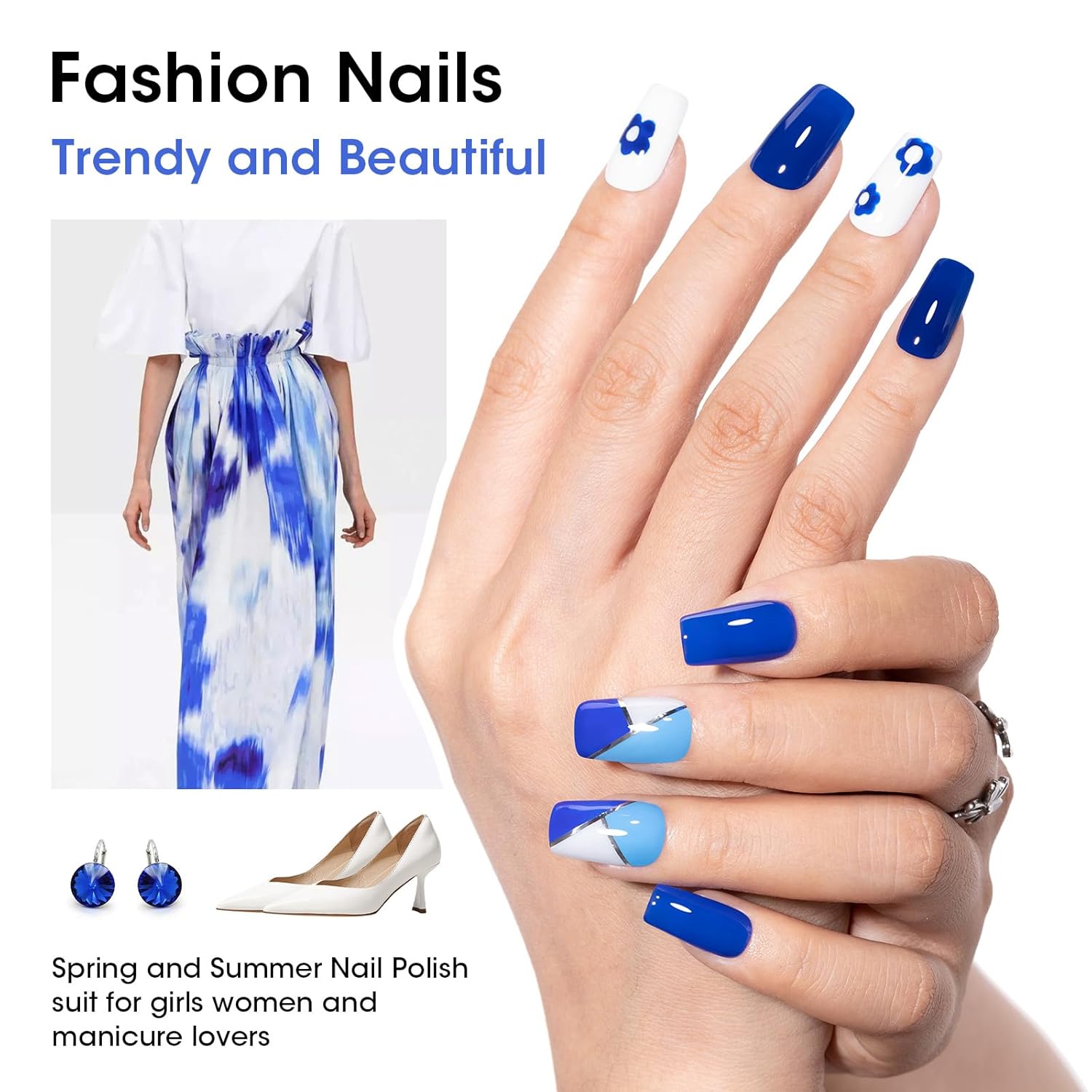 GELLEN Blue Nail Polish, Bright Navy Royal Baby Ocean Cobalt Blue White 6 Colors Set, insta Air Dry Natural Traditional Regular Nail Polish for Acrylic Natural Nails Salon Home, Non UV Gel, Hema Free-Velvo Beauty