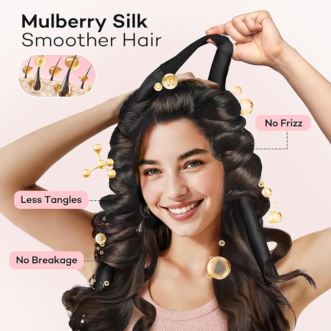 Umisleep 22 Momme 100% Mulberry Silk Heatless Hair Curler Set — Frizz-Free Hair Rollers for Women Long Hair, Overnight Heatless Curls, Upgraded Soft Flat Design with Clips & Scrunchies, Black-Velvo Beauty