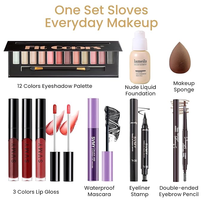 Makeup Present Set for Teen Girl, Travel Makeup Kit for women, Makeup Full Kit for Beginner & Professionals, Makeup Bundle Include 12 Color Matte Eyeshadow Palette, Natutal Foundation, Lip Gloss-Velvo Beauty