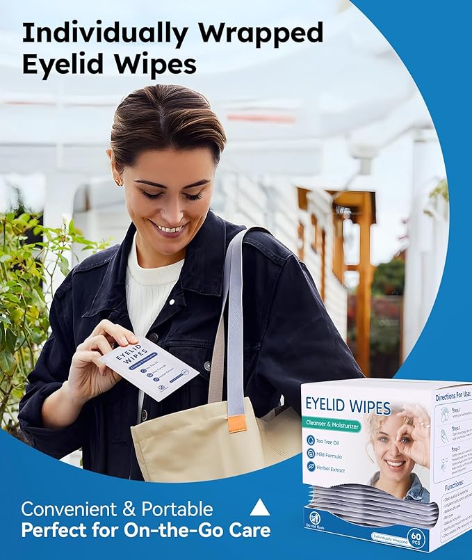 60-Count Eyelid Cleansing Wipes for Dry Eye & Blepharitis, tea tree oil Pre-Moistened Hypoallergenic EyeWipes for Sensitive Itchy Eyes, Individually Wrapped Eyelid Wipes Travel Essentials-Velvo Beauty