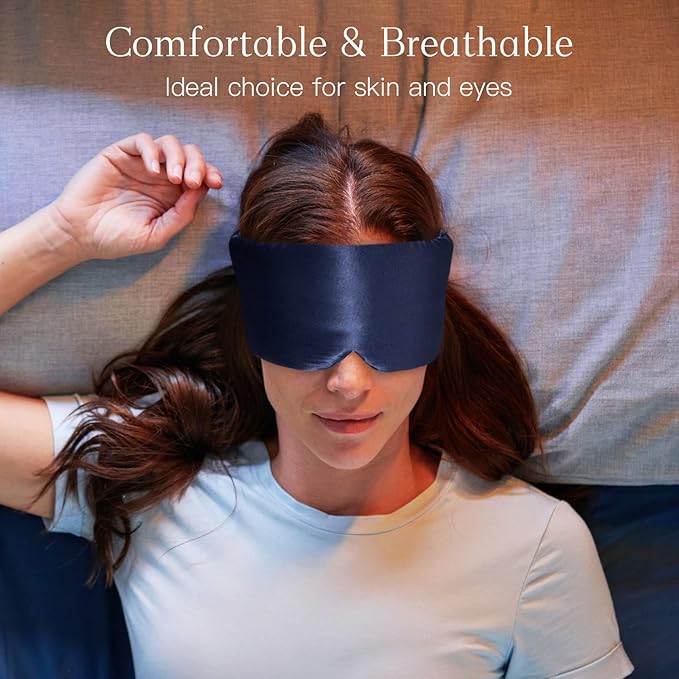 100% Natural Silk Eye Mask for Women Men, Soft Pressureless Cooling Blackout Eye Covers for Sleeping, Large Size Sleep Mask fits All Heads Adjustable, 1PC, Navy Blue-Velvo Beauty