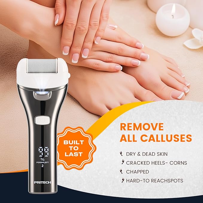 Electric Foot Callus Remover, Rechargeable Portable Electronic Foot File Pedicure Kits, 3 Roller Heads, 3 Speed, Battery Display for Remove Cracked Heels Calluses and Dead Skin-Velvo Beauty
