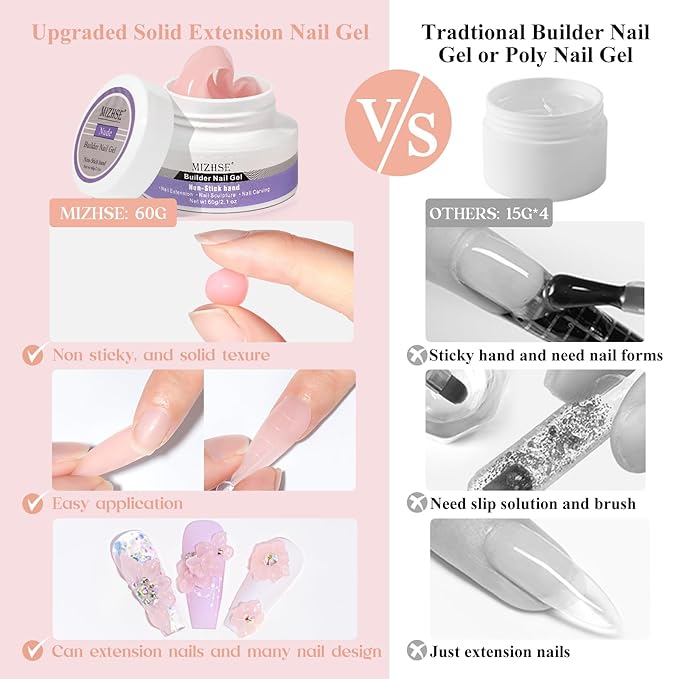 MIZHSE Solid Nail Builder Gel, 2.1 oz 60g Nude Builder Gels for Nails Non-Sticky Solid Builder Gel for Extensions Hard Gels with 24pcs Dual Forms and Silicone Pen Nails Art Manicure Set-Velvo Beauty