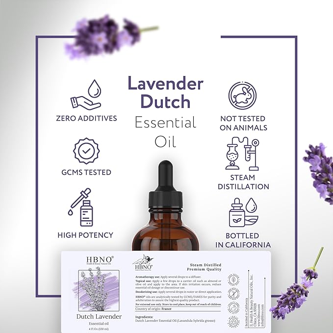 HBNO California Bottled Dutch Lavender Essential Oil 4 fl oz (120ml) - Natural Lavender Oil for Skin, Perfect for Cleaning, Aromatherapy, DIY & Diffuser-Velvo Beauty