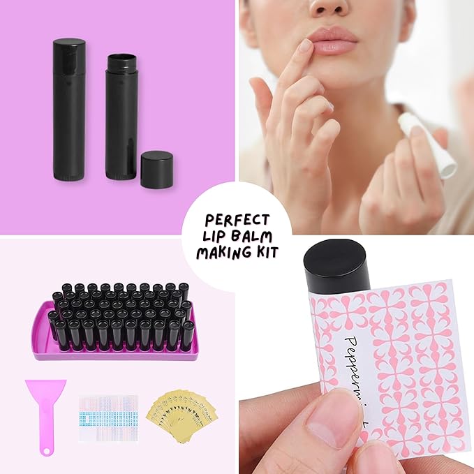 Lip Balm Filling Tray Kit - 1x Filling Tray, 1x Spatula, 50x Lip Balm Tubes (Black), 50x Writable Sticker (3 colors), 50x Printed Stickers (Transparent) - DIY Homemade Lip Balm - Gift Idea-Velvo Beauty